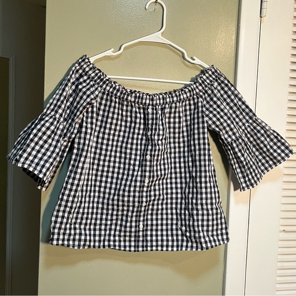 Abercrombie & Fitch Off Shoulder Gingham Top Navy White S - Picture 4 of 10